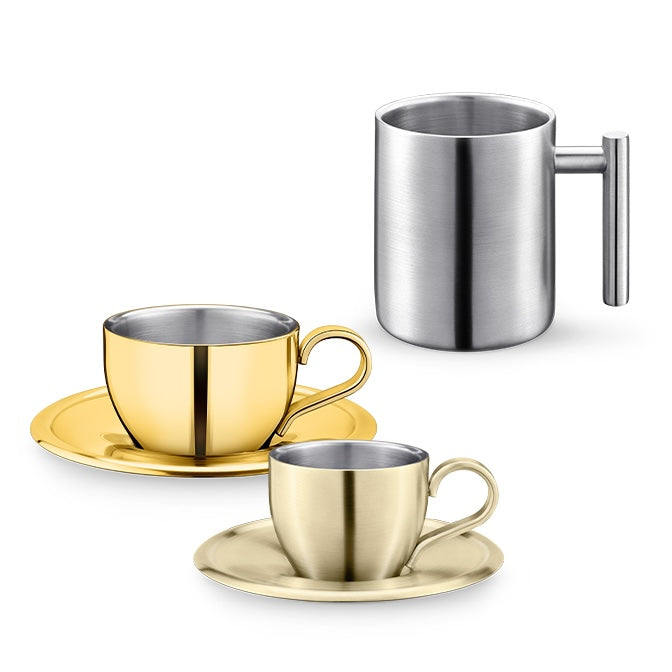 Coffee and tea collection banner with cups and teapots