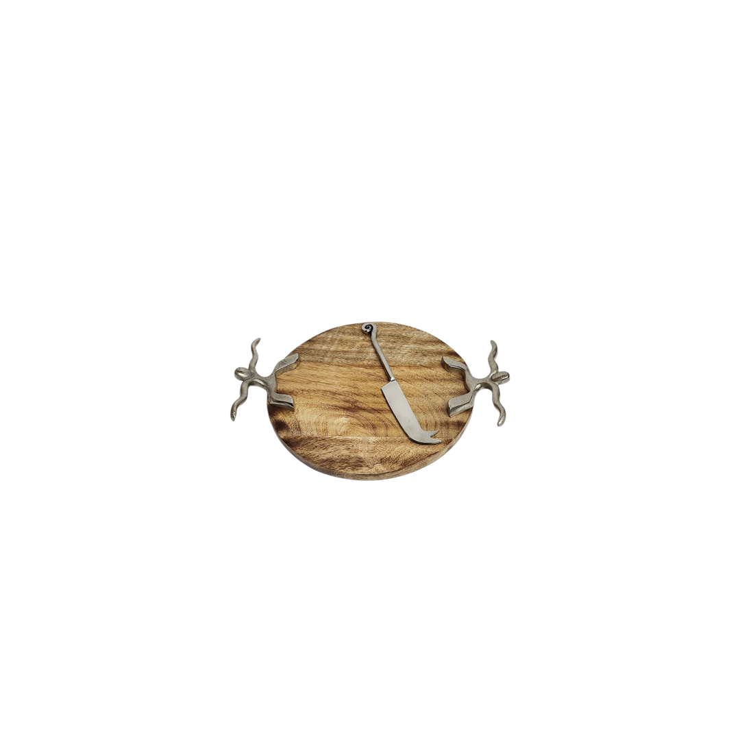 Round Mango Wood Cheese Board with Aluminum Handles &amp; Knife
