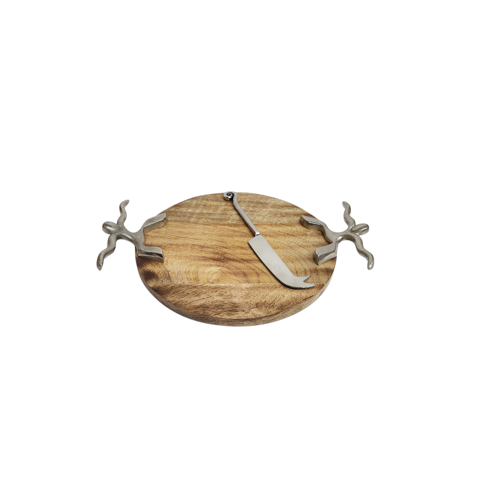 Round Mango Wood Cheese Board with Aluminum Handles & Knife — View 3