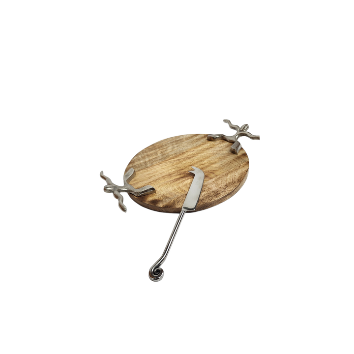 Round Mango Wood Cheese Board with Aluminum Handles &amp; Knife — View 4