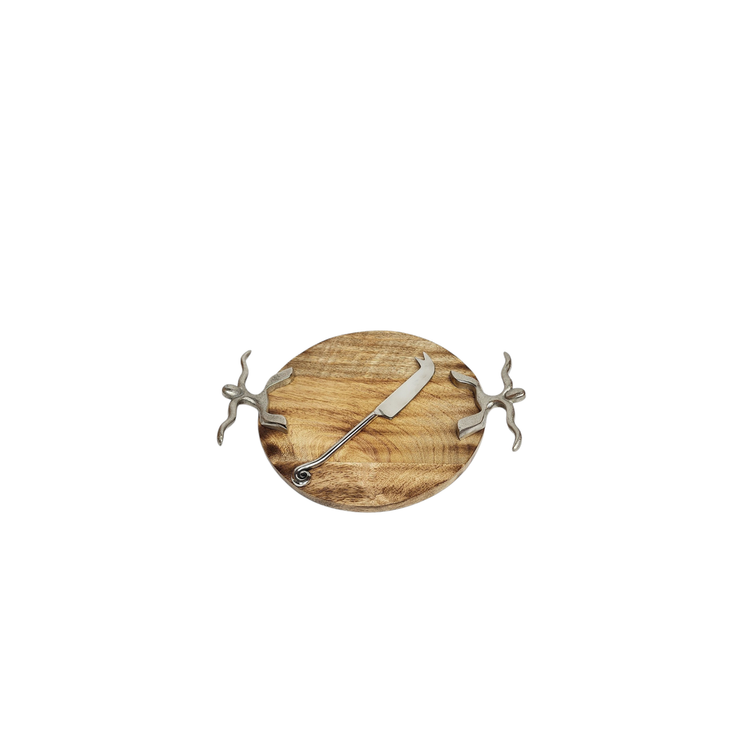 Round Mango Wood Cheese Board with Aluminum Handles &amp; Knife — View 5