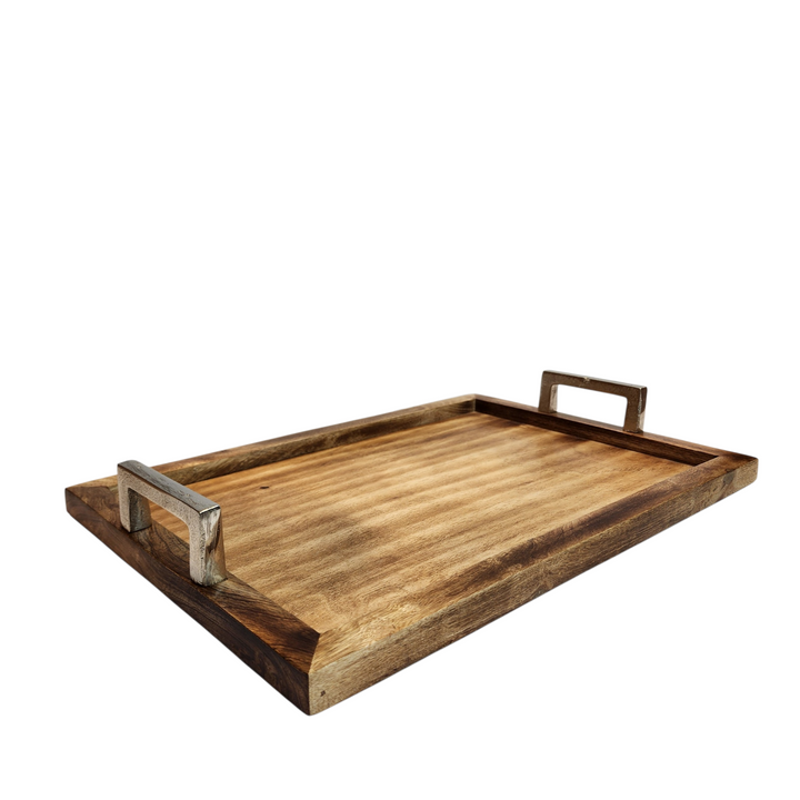 Mango Wood Rectangular Serving Tray with Aluminum Handles — 43 × 30.5 cm