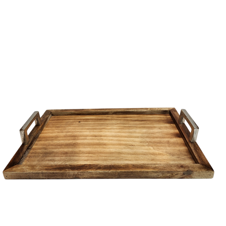 Mango Wood Rectangular Serving Tray with Aluminum Handles — 51 × 36 cm