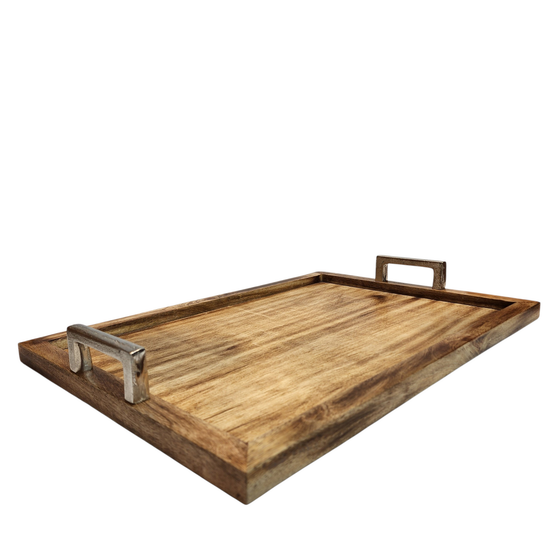 Mango Wood Rectangular Serving Tray with Aluminum Handles — 51 × 36 cm — View 3