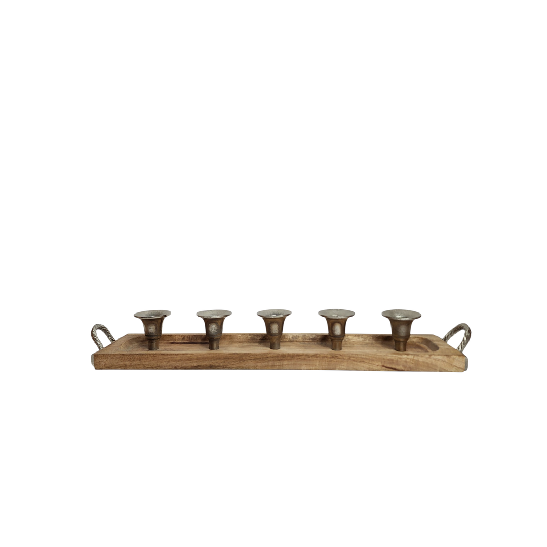 Mango Wood Multi-Pocket Candle Holder with Aluminum Accents — 5 Pockets (51 × 10 × H7 cm)