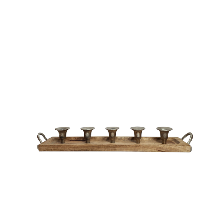 Mango Wood Multi-Pocket Candle Holder with Aluminum Accents — 5 Pockets (51 × 10 × H7 cm)
