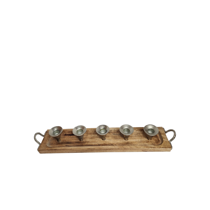 Mango Wood Multi-Pocket Candle Holder with Aluminum Accents — 5 Pockets (51 × 10 × H7 cm) — View 2