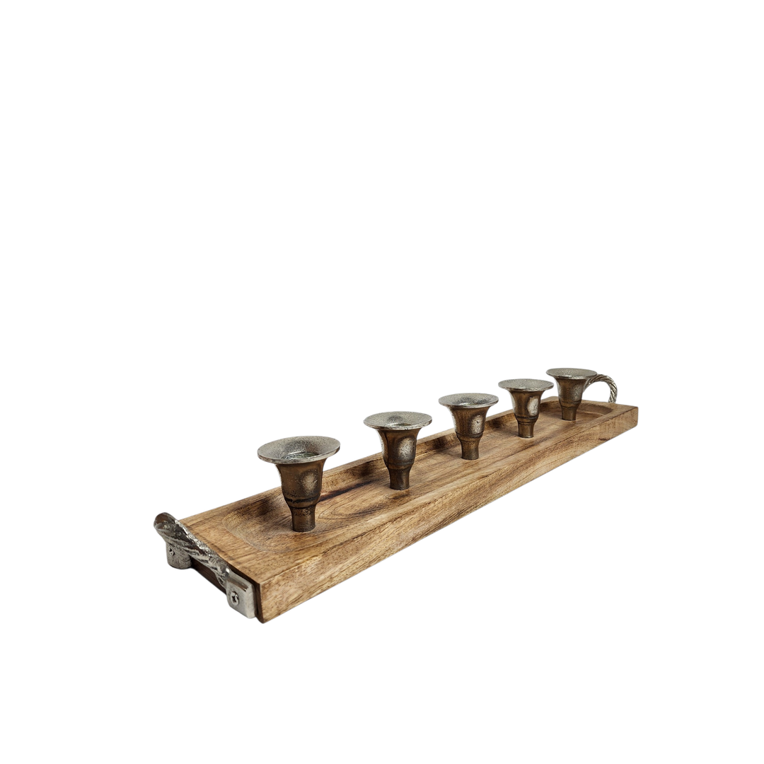 Mango Wood Multi-Pocket Candle Holder with Aluminum Accents — 5 Pockets (51 × 10 × H7 cm) — View 3