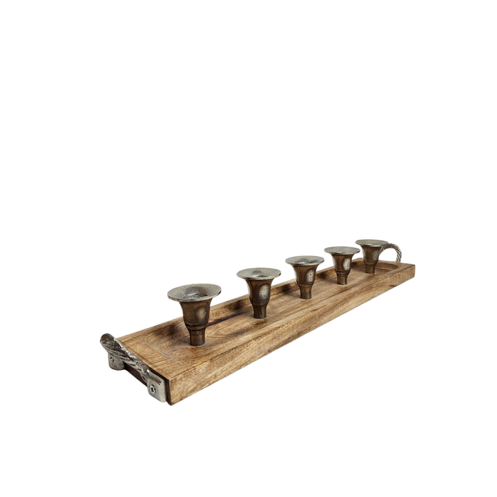 Mango Wood Multi-Pocket Candle Holder with Aluminum Accents — 5 Pockets (51 × 10 × H7 cm) — View 3