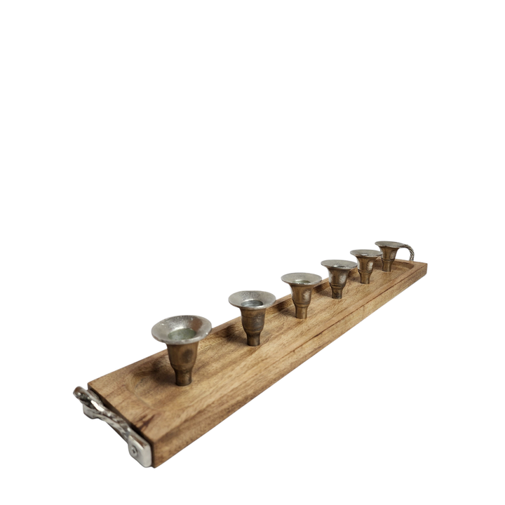 Mango Wood Multi-Pocket Candle Holder with Aluminum Accents — 6 Pockets (63.5 × 10 × H7 cm)