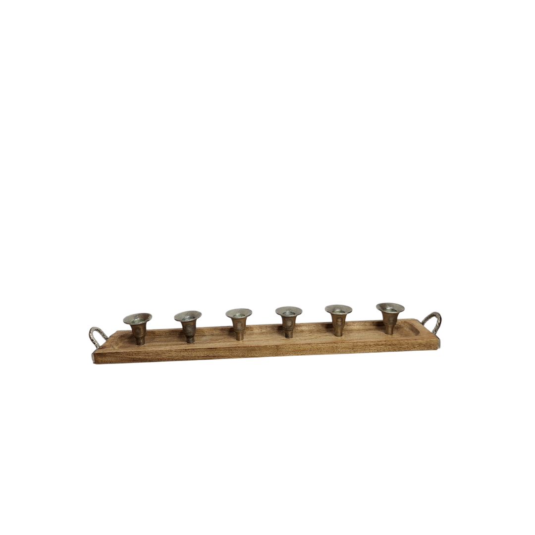 Mango Wood Multi-Pocket Candle Holder with Aluminum Accents — 6 Pockets (63.5 × 10 × H7 cm) — View 2