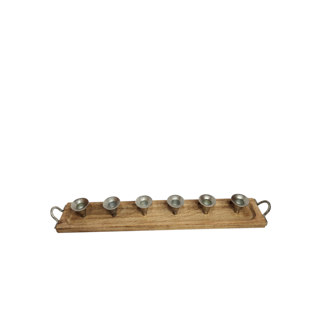 Mango Wood Multi-Pocket Candle Holder with Aluminum Accents — 6 Pockets (63.5 × 10 × H7 cm) — View 3