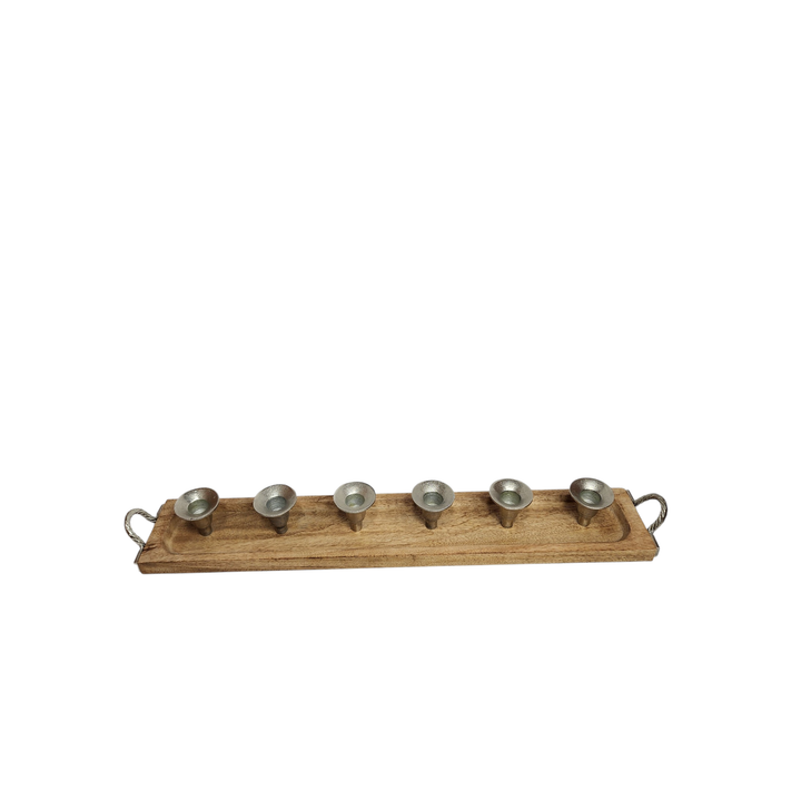 Mango Wood Multi-Pocket Candle Holder with Aluminum Accents — 6 Pockets (63.5 × 10 × H7 cm) — View 3