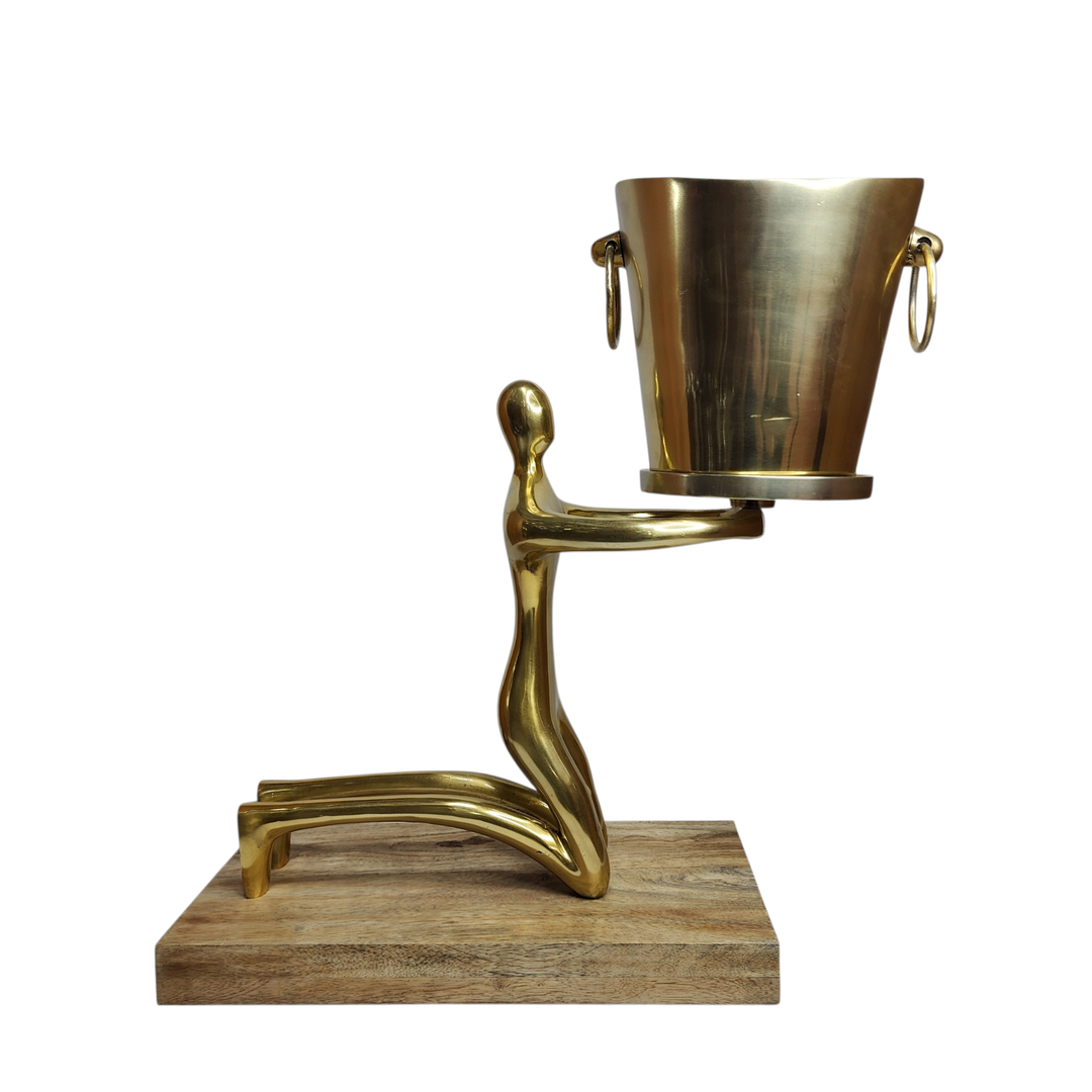 Large Mango Wood Sitting Statue with Gold-Tone Aluminum — View 3