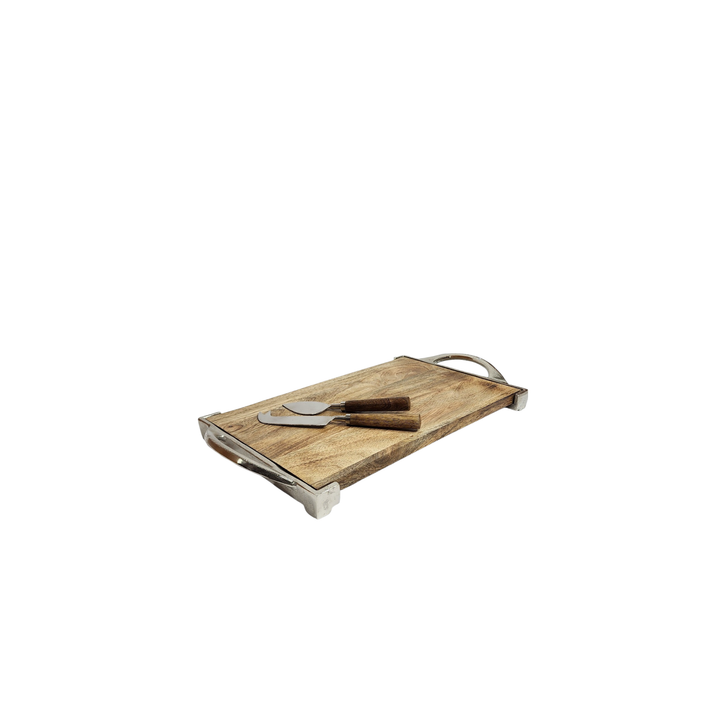 Extra-Large Mango Wood Cheese Board with Aluminum Handle &amp; Two Knives