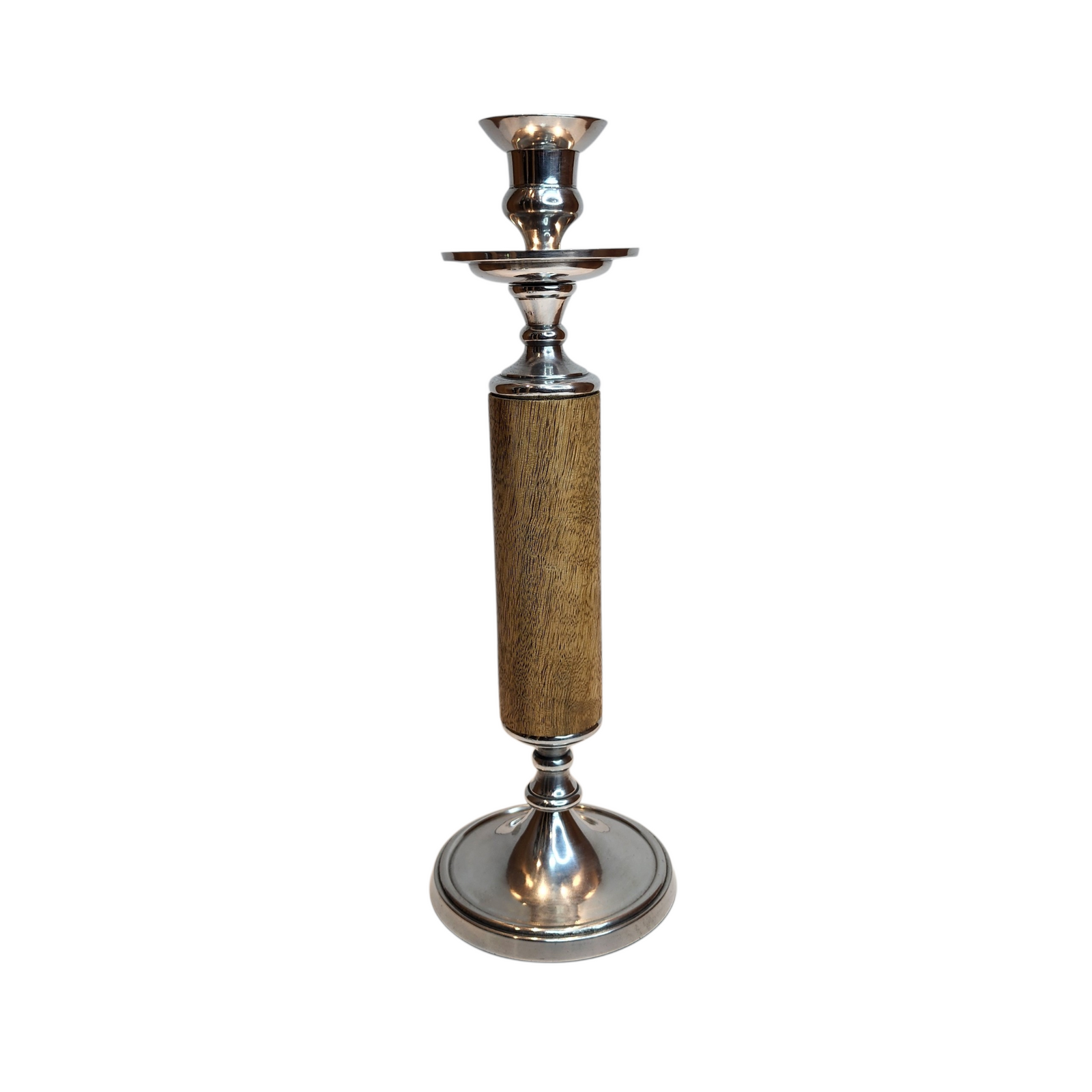 Mango Wood Candle Holder with Polished Aluminum — Small (11 × H32.5 cm)