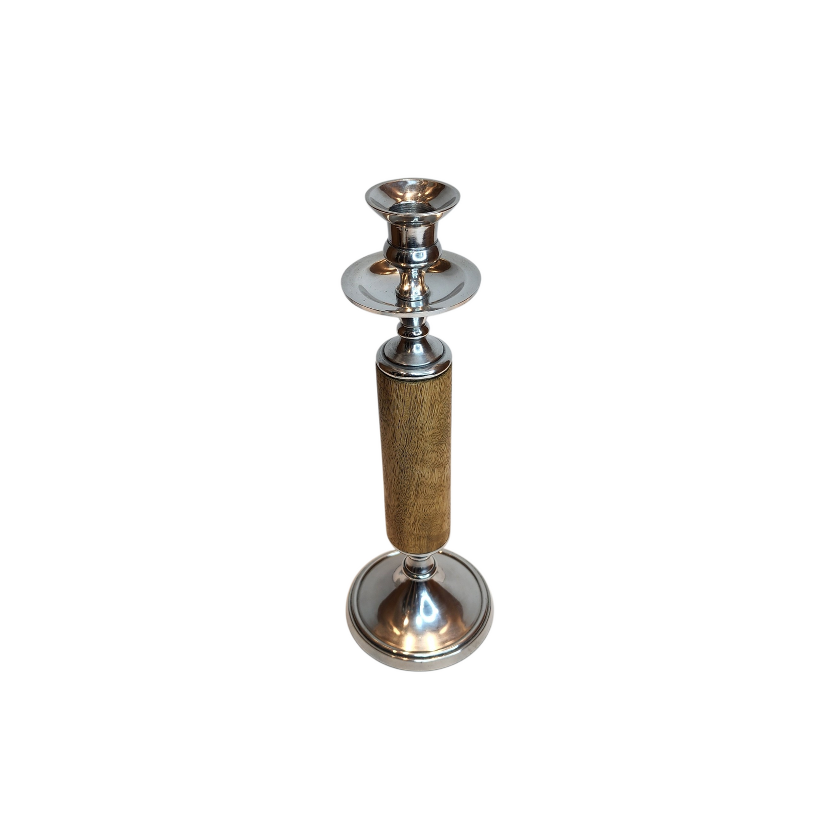 Mango Wood Candle Holder with Polished Aluminum — Small (11 × H32.5 cm) — View 2