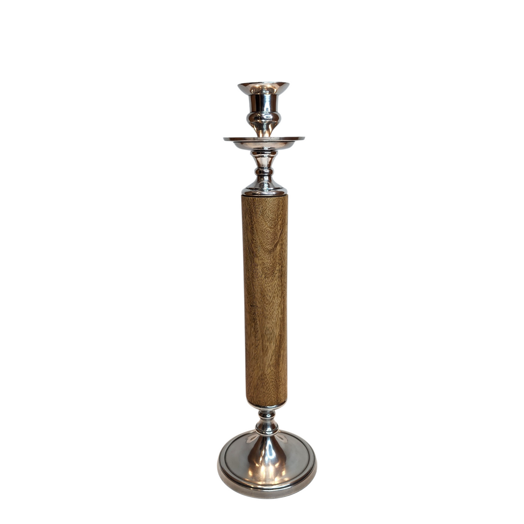 Mango Wood Candle Holder with Polished Aluminum — Medium (11 × H40 cm)
