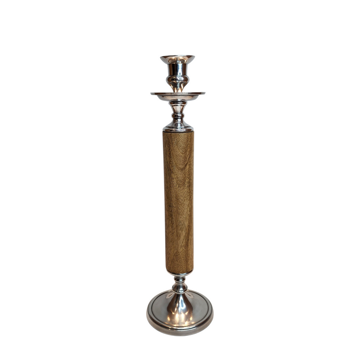 Mango Wood Candle Holder with Polished Aluminum — Medium (11 × H40 cm)