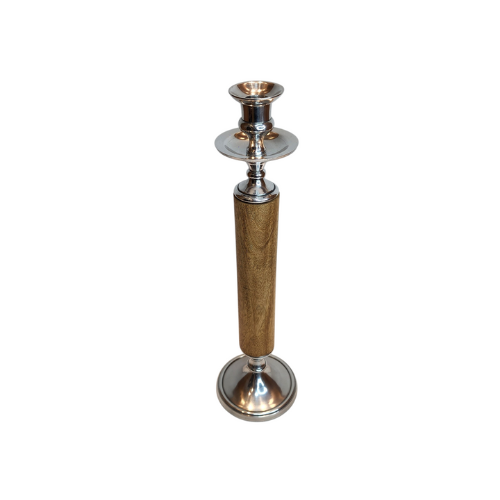 Mango Wood Candle Holder with Polished Aluminum — Medium (11 × H40 cm) — View 2