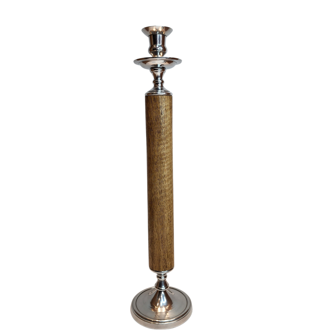 Mango Wood Candle Holder with Polished Aluminum — Large (11 × H48 cm)