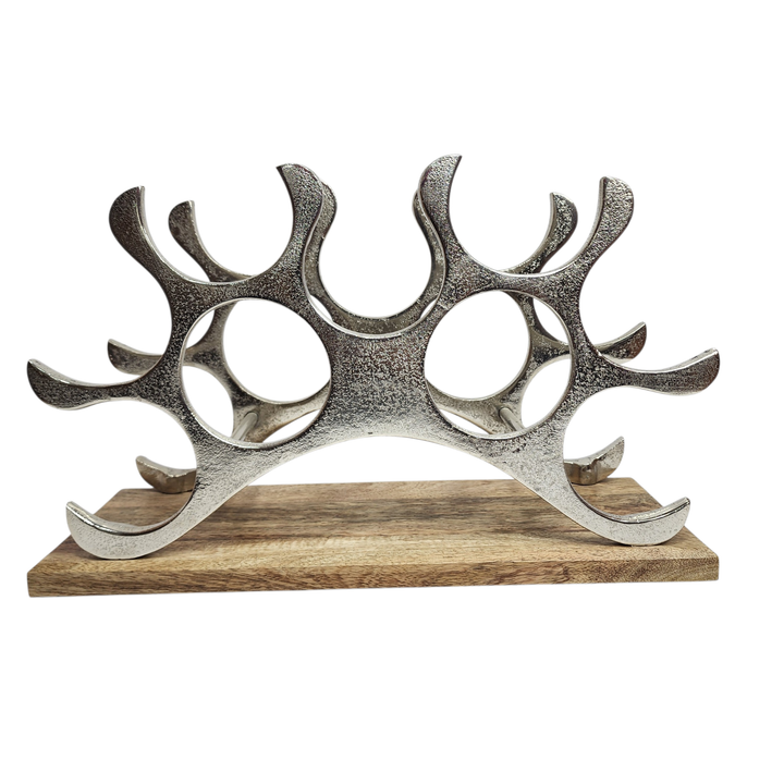 Large Aluminum Wine Bottle Holder with Mango Wood Base