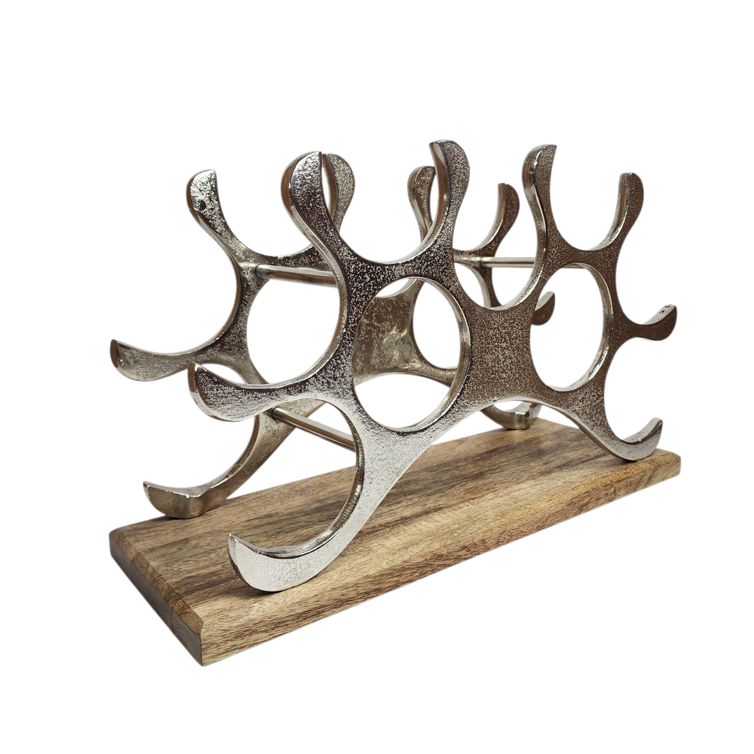 Large Aluminum Wine Bottle Holder with Mango Wood Base — View 2