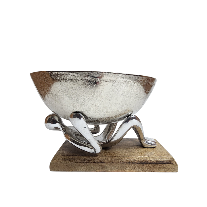 Mango Wood Bowl with Aluminum Lady Stand — Small (Ø25 × H17 cm)