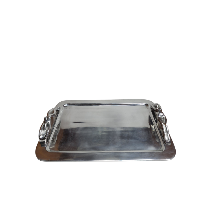 Polished Aluminum Serving Tray with Lady Statue Handles — Large (47 × 34 cm) — View 3