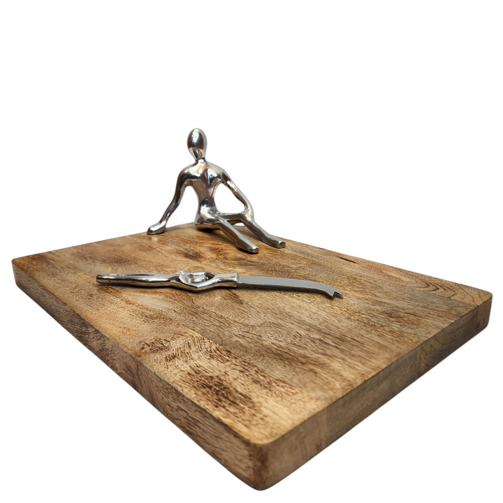 Mango Wood Cheese Board with Aluminum Lady Statue &amp; Knife — Silver