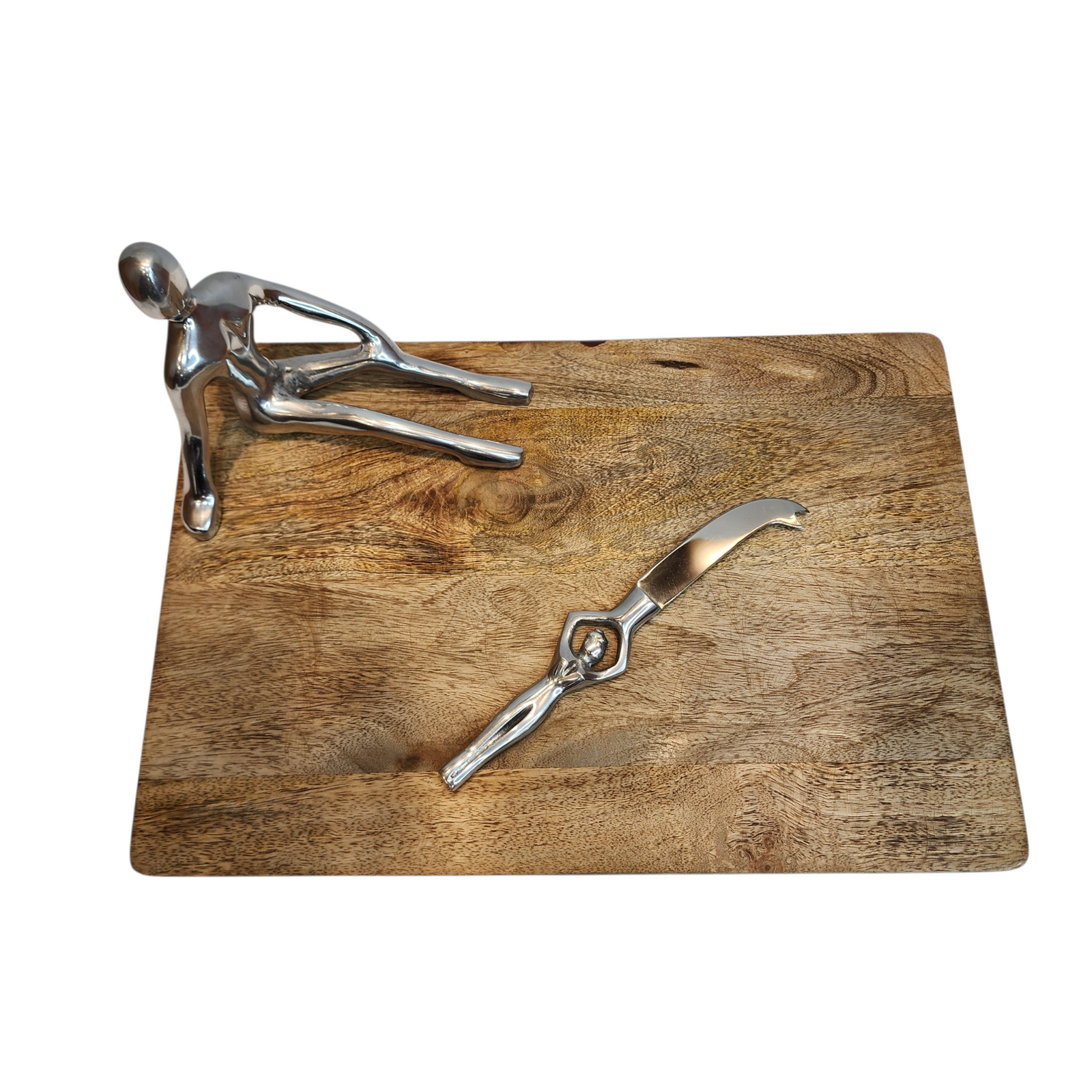 Mango Wood Cheese Board with Aluminum Lady Statue & Knife — Silver — View 2