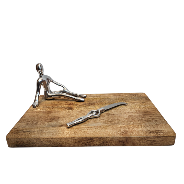 Mango Wood Cheese Board with Aluminum Lady Statue &amp; Knife — Silver — View 3