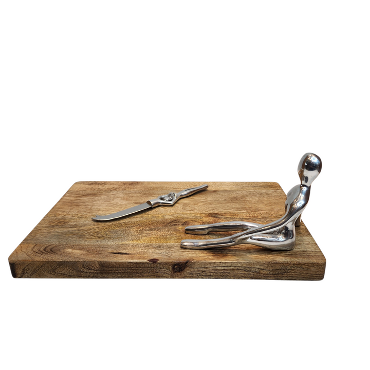 Mango Wood Cheese Board with Aluminum Lady Statue &amp; Knife — Silver — View 4