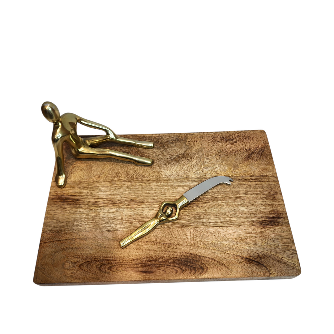 Mango Wood Cheese Board with Aluminum Lady Statue &amp; Knife — Gold