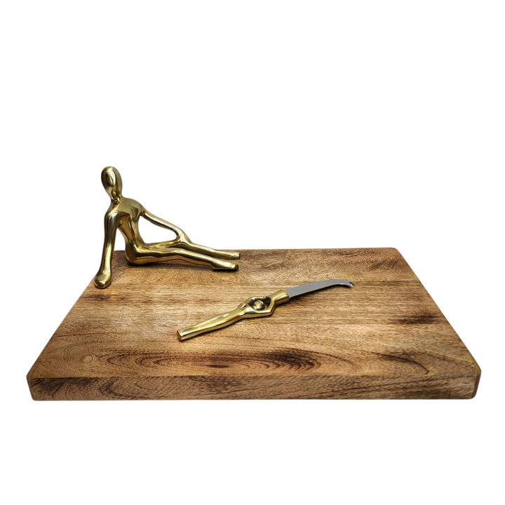 Mango Wood Cheese Board with Aluminum Lady Statue &amp; Knife — Gold — View 2