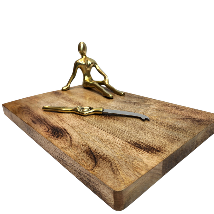 Mango Wood Cheese Board with Aluminum Lady Statue &amp; Knife — Gold — View 3