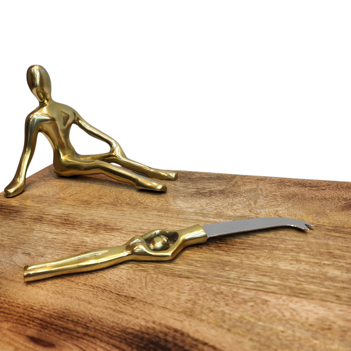 Mango Wood Cheese Board with Aluminum Lady Statue &amp; Knife — Gold — View 4