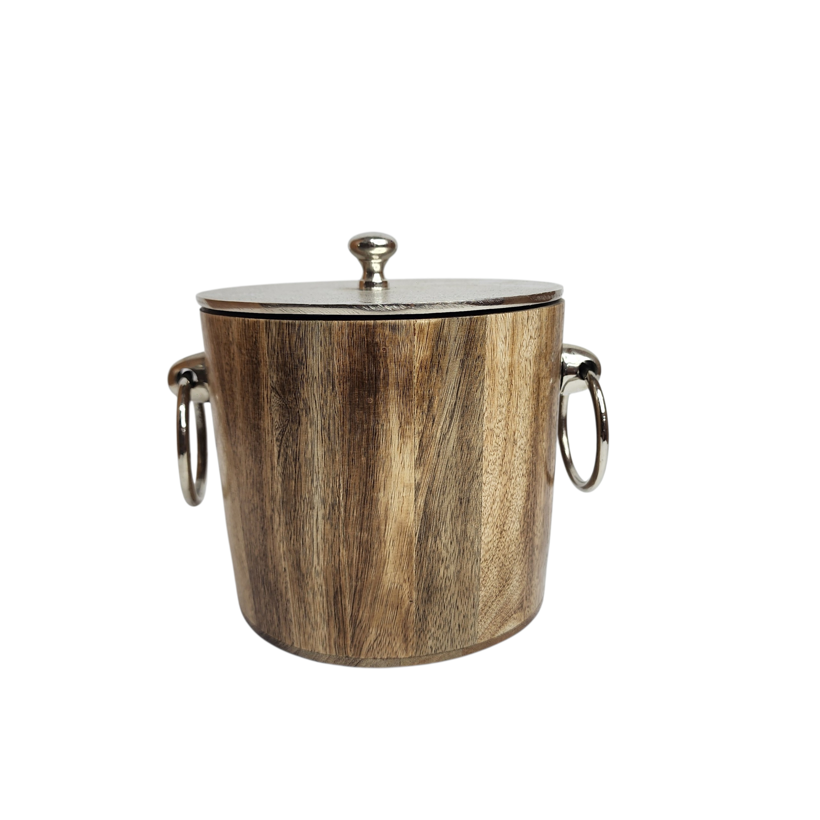 Mango Wood Ice Bucket with Raw Nickel-Finish Lid & Ring Handles