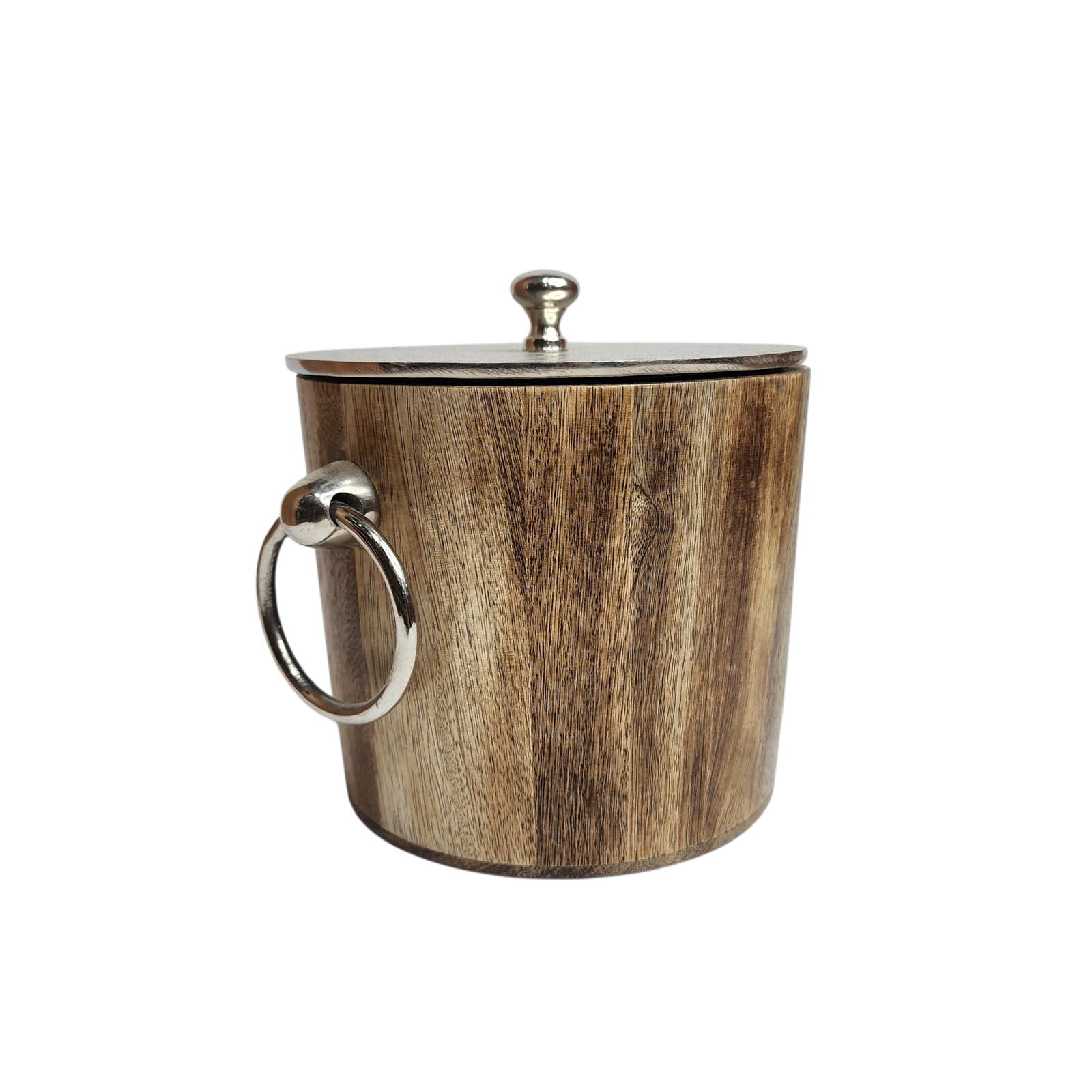 Mango Wood Ice Bucket with Raw Nickel-Finish Lid & Ring Handles — View 2