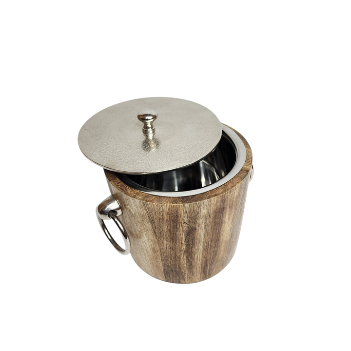 Mango Wood Ice Bucket with Raw Nickel-Finish Lid &amp; Ring Handles — View 3