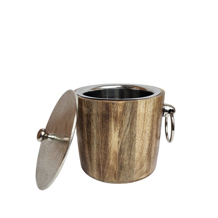 Mango Wood Ice Bucket with Raw Nickel-Finish Lid &amp; Ring Handles — View 4