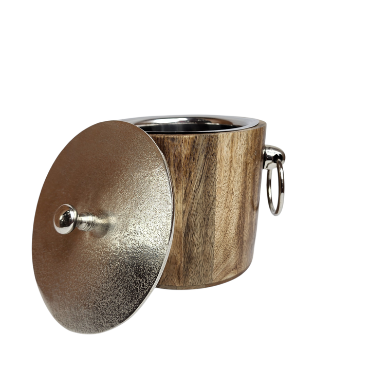 Mango Wood Ice Bucket with Raw Nickel-Finish Lid &amp; Ring Handles — View 5