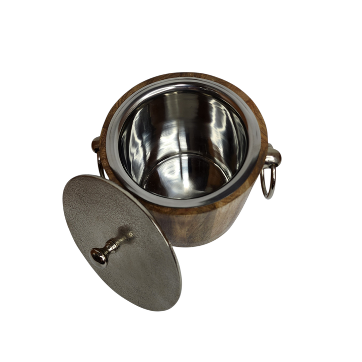 Mango Wood Ice Bucket with Raw Nickel-Finish Lid &amp; Ring Handles — View 6
