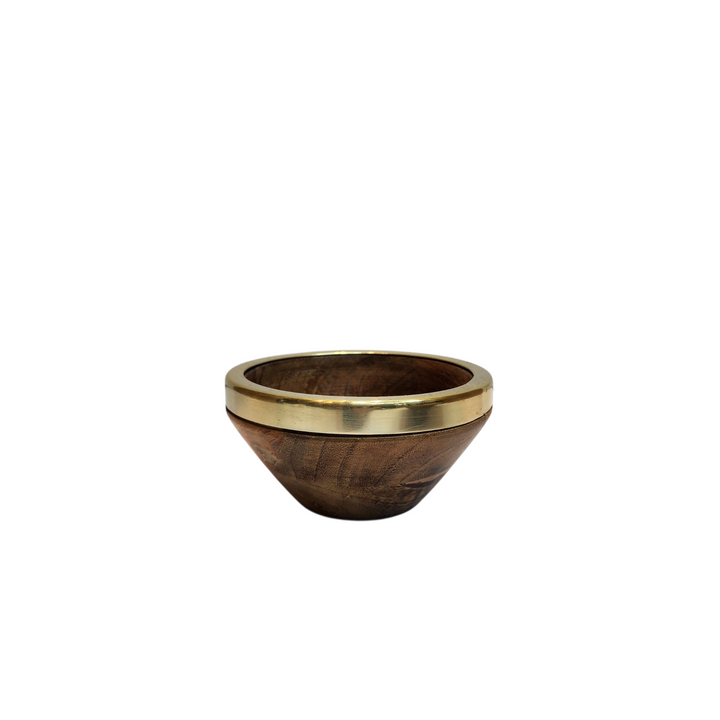 Mango Wood Bowl with Polished Gold-Tone Rim — Small (Ø13 × H7 cm)