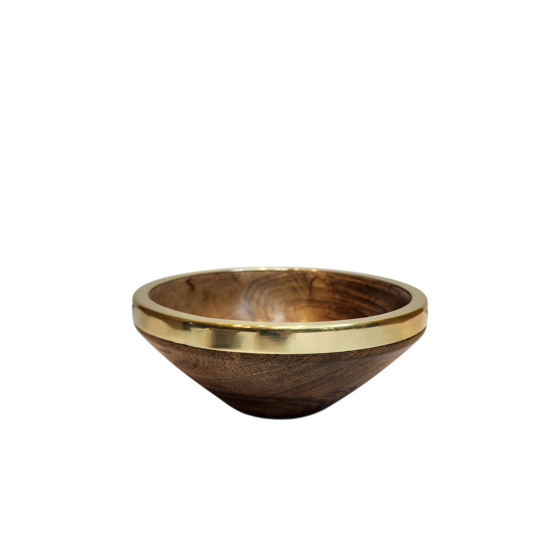 Mango Wood Bowl with Polished Gold-Tone Rim — Medium (Ø18 × H7.5 cm)