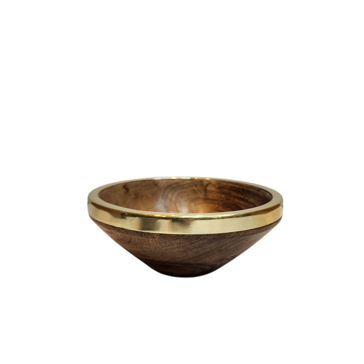 Mango Wood Bowl with Polished Gold-Tone Rim — Medium (Ø18 × H7.5 cm)