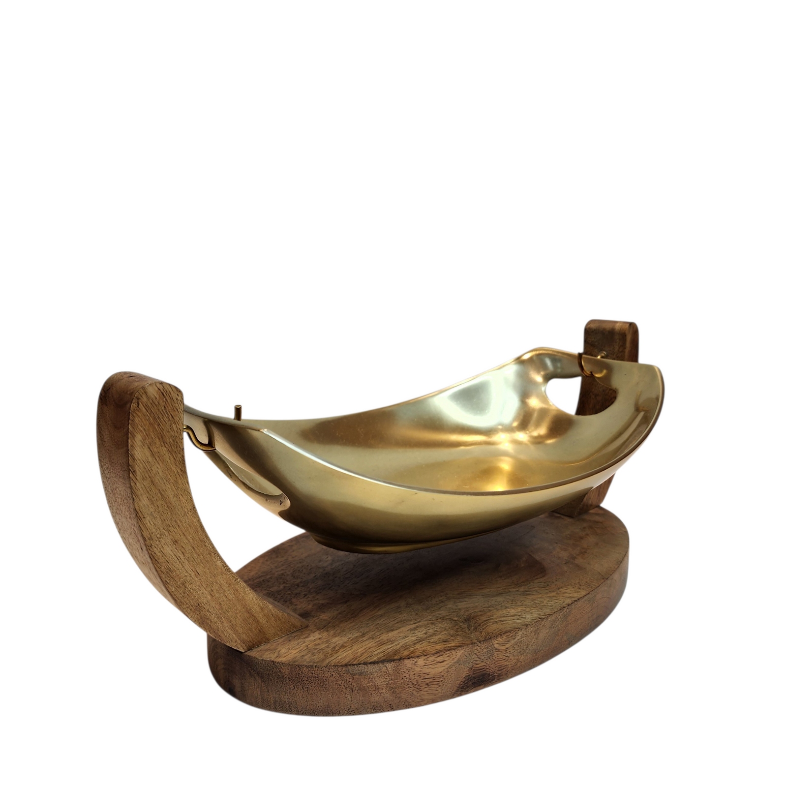 Gold-Tone Oval Serving Bowl with Mango Wood Swing Stand — Small (26.5 × 16 × H13 cm)