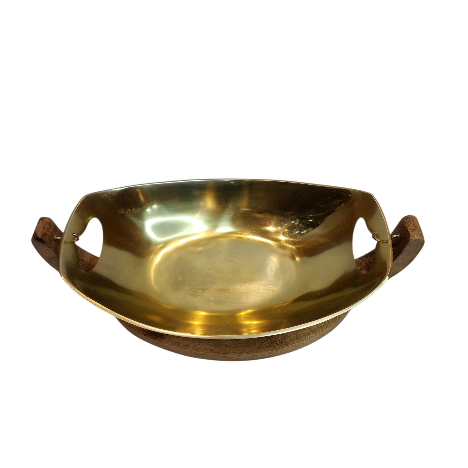 Gold-Tone Oval Serving Bowl with Mango Wood Swing Stand — Small (26.5 × 16 × H13 cm) — View 2