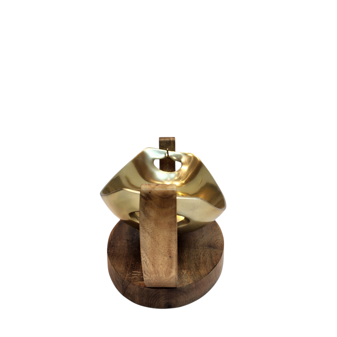 Gold-Tone Oval Serving Bowl with Mango Wood Swing Stand — Small (26.5 × 16 × H13 cm) — View 3