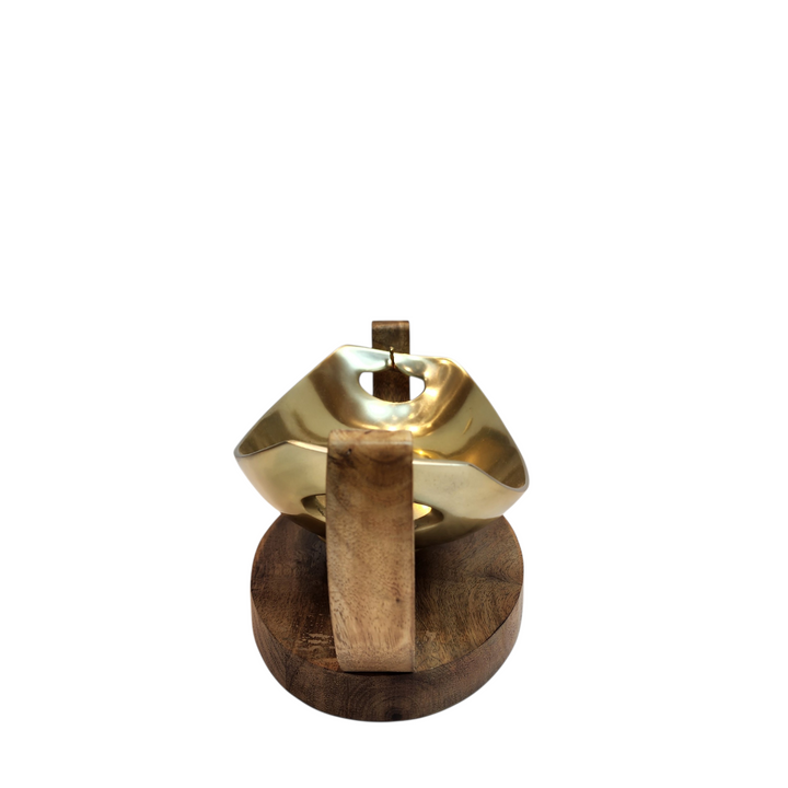 Gold-Tone Oval Serving Bowl with Mango Wood Swing Stand — Small (26.5 × 16 × H13 cm) — View 3